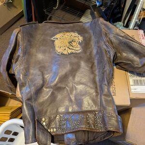 Brown Leather Jacket with Embroidered Tiger Patch